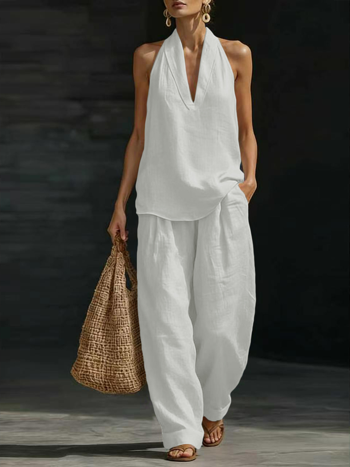 Linen Pant Wide - Women Linen 2 Piece Outfit Halter